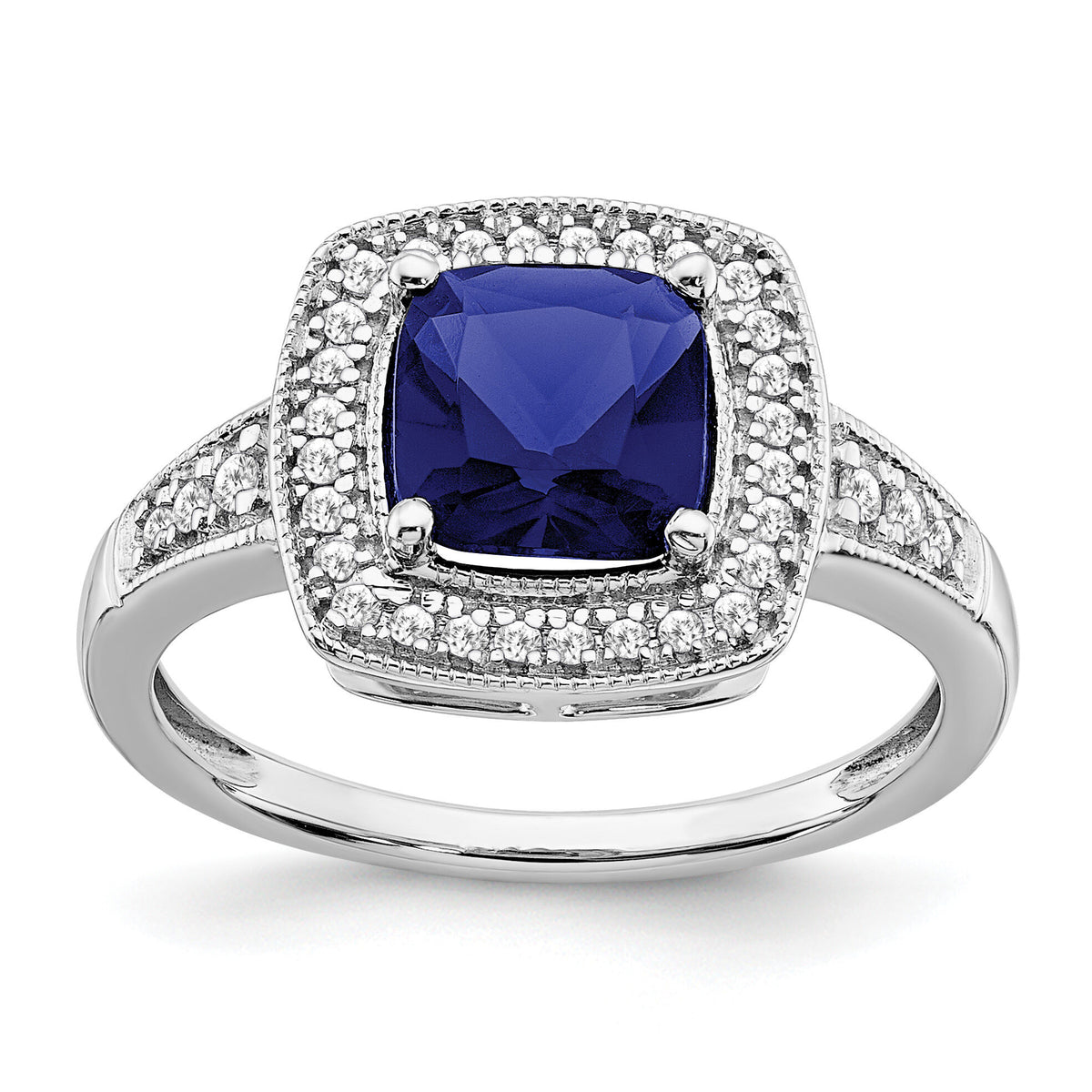 14k White Gold Cushion Created Sapphire and Diamond Halo Ring-RM7124