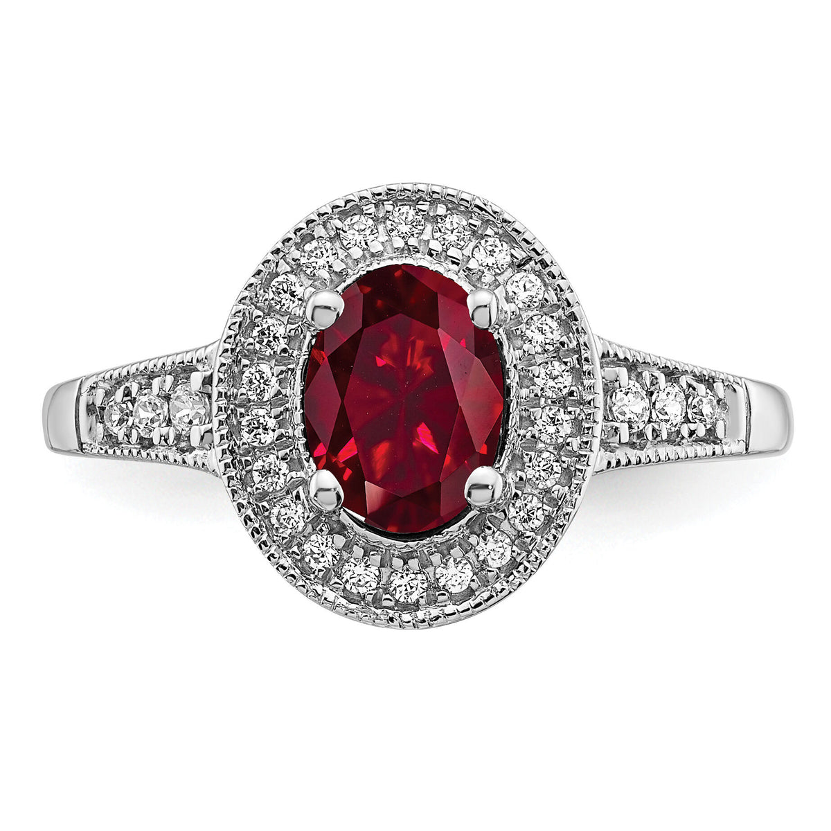 14k White Gold Oval Created Ruby and Diamond Halo Ring-RM7125