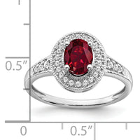 14k White Gold Oval Created Ruby and Diamond Halo Ring-RM7125