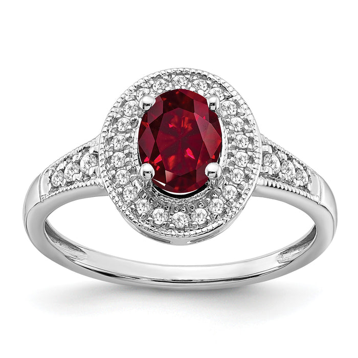 14k White Gold Oval Created Ruby and Diamond Halo Ring-RM7125
