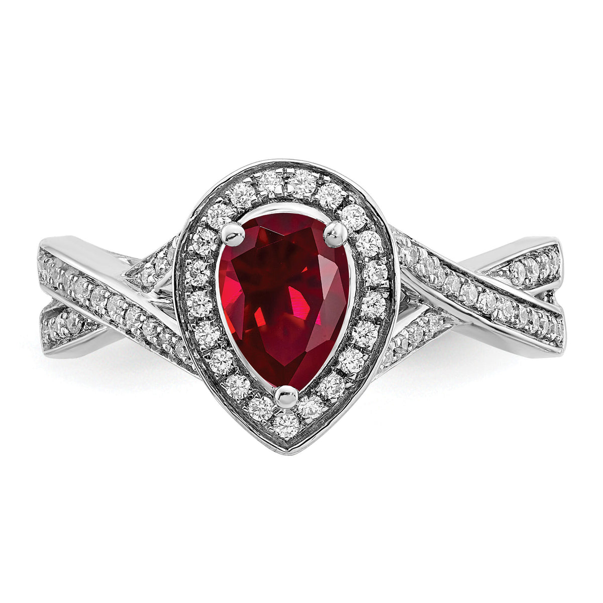 14k White Gold Pear Created Ruby and Diamond Halo Ring-RM7126
