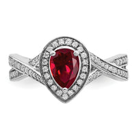 14k White Gold Pear Created Ruby and Diamond Halo Ring-RM7126