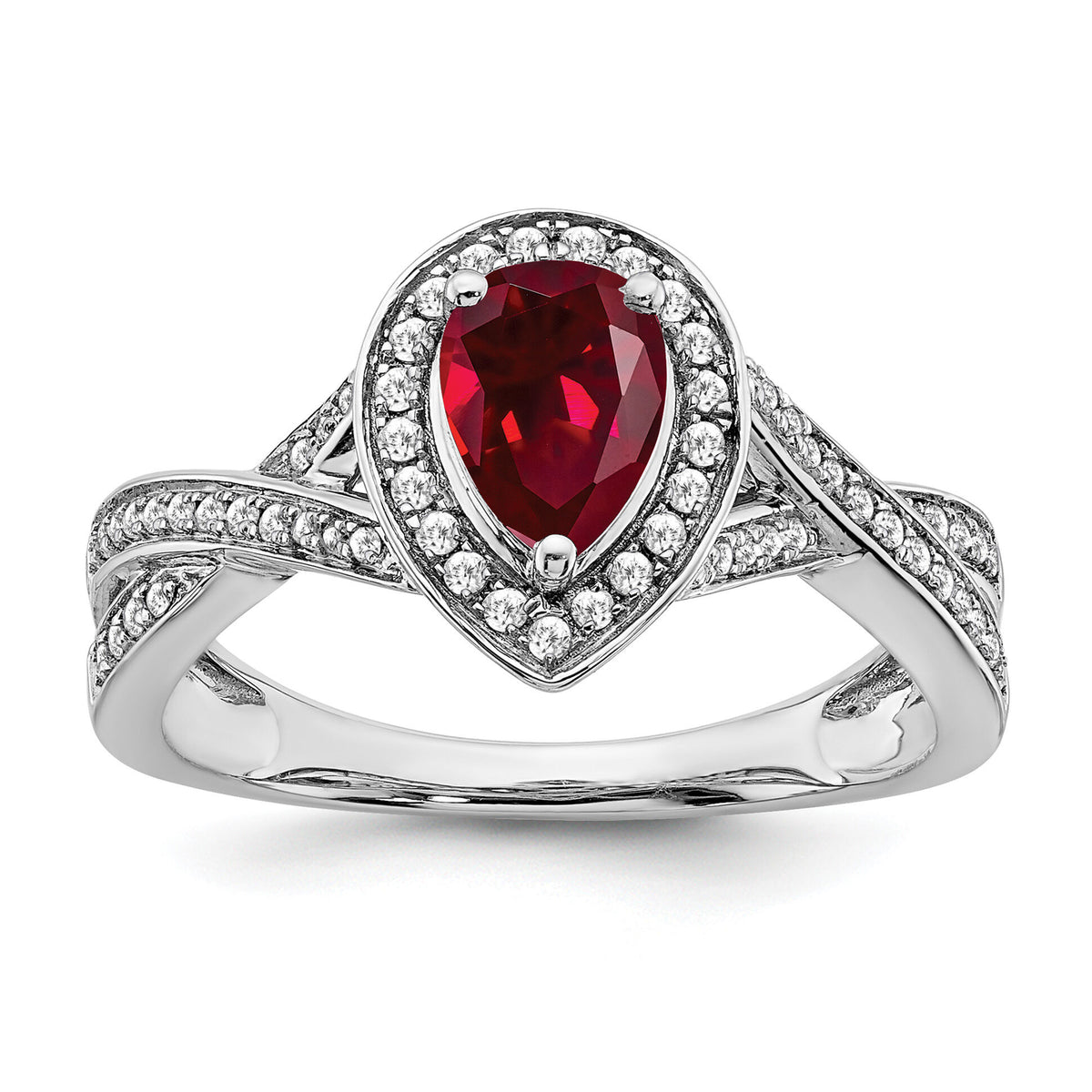 14k White Gold Pear Created Ruby and Diamond Halo Ring-RM7126