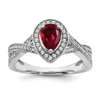 14k White Gold Pear Created Ruby and Diamond Halo Ring-RM7126