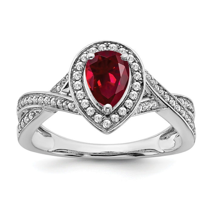 14k White Gold Pear Created Ruby and Diamond Halo Ring-RM7126