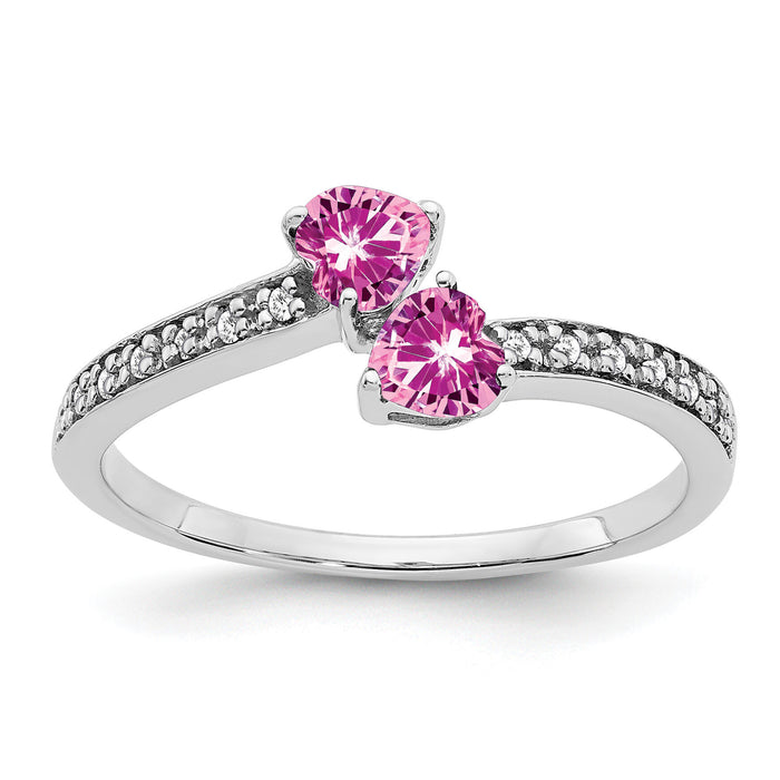 14k White Gold Created Pink Sapphire and Diamond 2-stone Heart Ring-RM7148