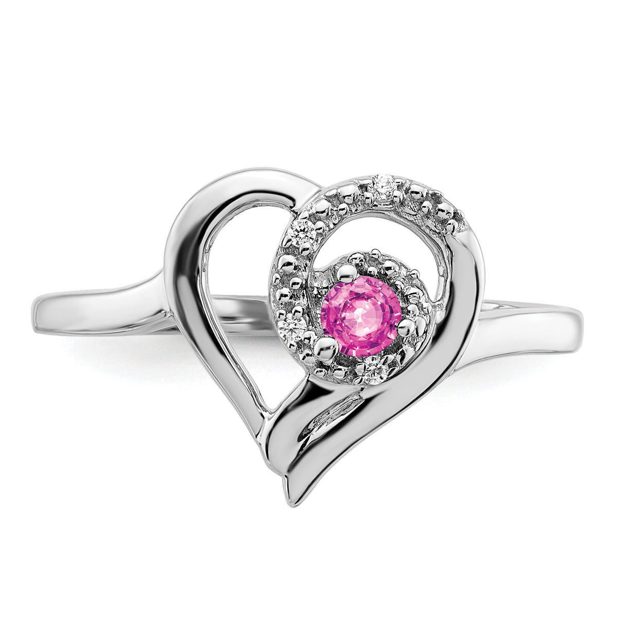 14k White Gold Created Pink Sapphire and Diamond Heart Ring-RM7173