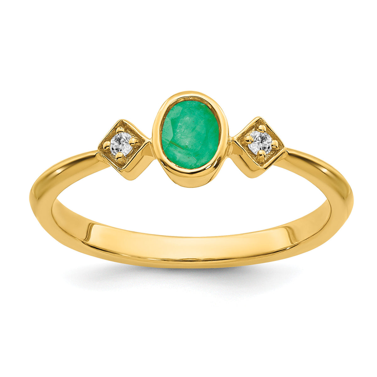 14k Oval Bezel Emerald and Diamond Ring-RM7235