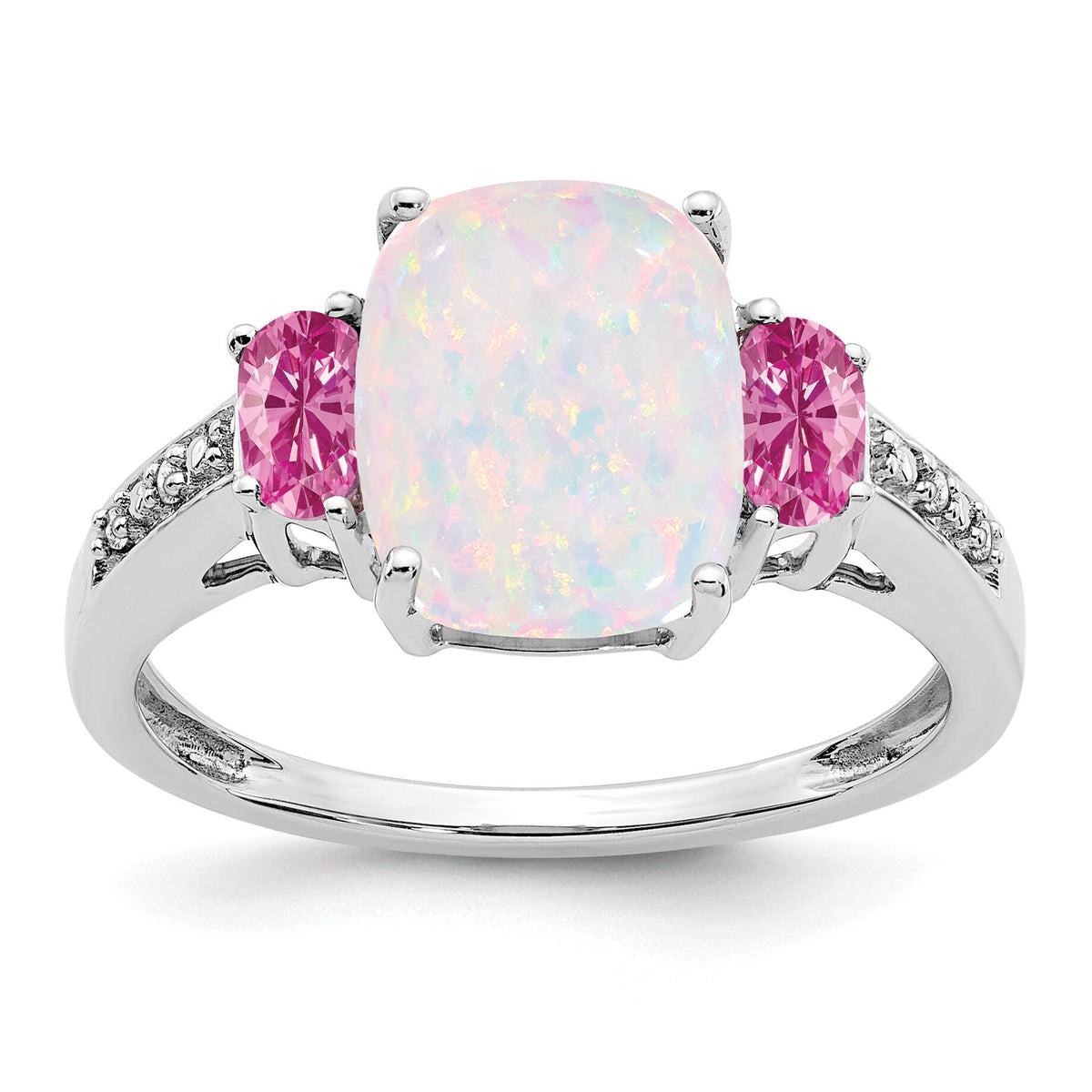 14k White Gold Created Opal/Created Pink Sapphire/Diamond Ring-RM7258