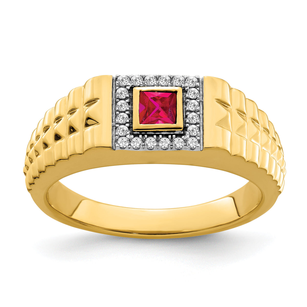 14k Square Ruby and Diamond Mens Ring-RM7309