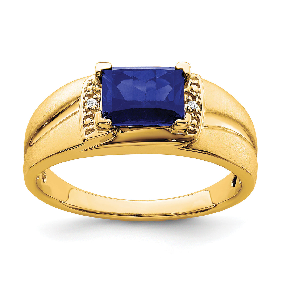 14k Emerald-cut Created Sapphire and Diamond Mens Ring-RM7464