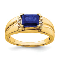 14k Emerald-cut Created Sapphire and Diamond Mens Ring-RM7464