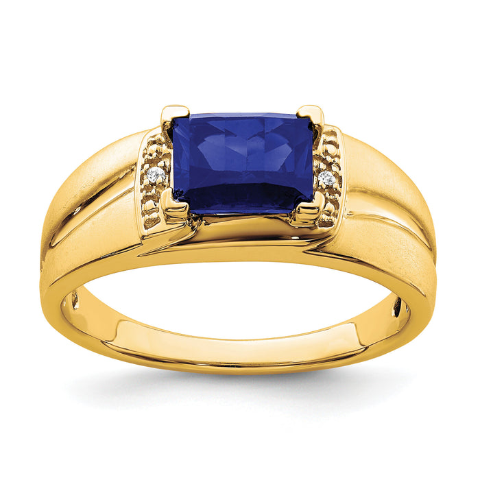 14k Emerald-cut Created Sapphire and Diamond Mens Ring-RM7464