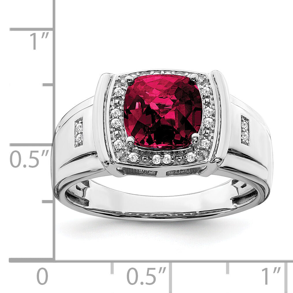 14k White Gold Cushion Created Ruby and Diamond Mens Ring-RM7468