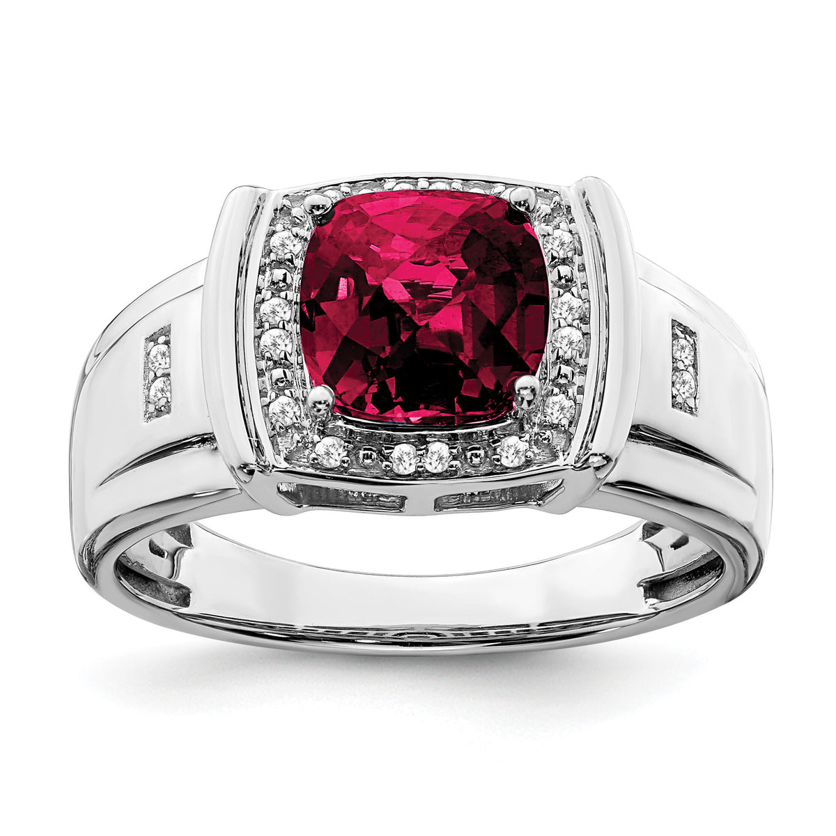 14k White Gold Cushion Created Ruby and Diamond Mens Ring-RM7468