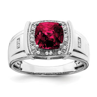 14k White Gold Cushion Created Ruby and Diamond Mens Ring-RM7468