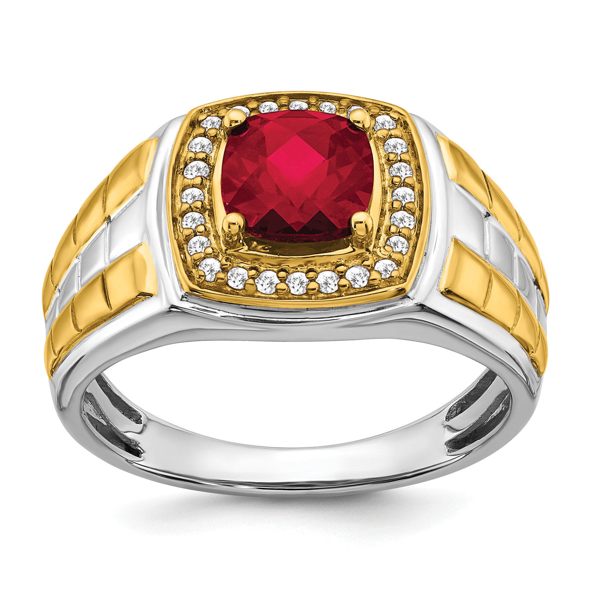 14k Two-tone Created Ruby and Diamond Mens Ring-RM7469