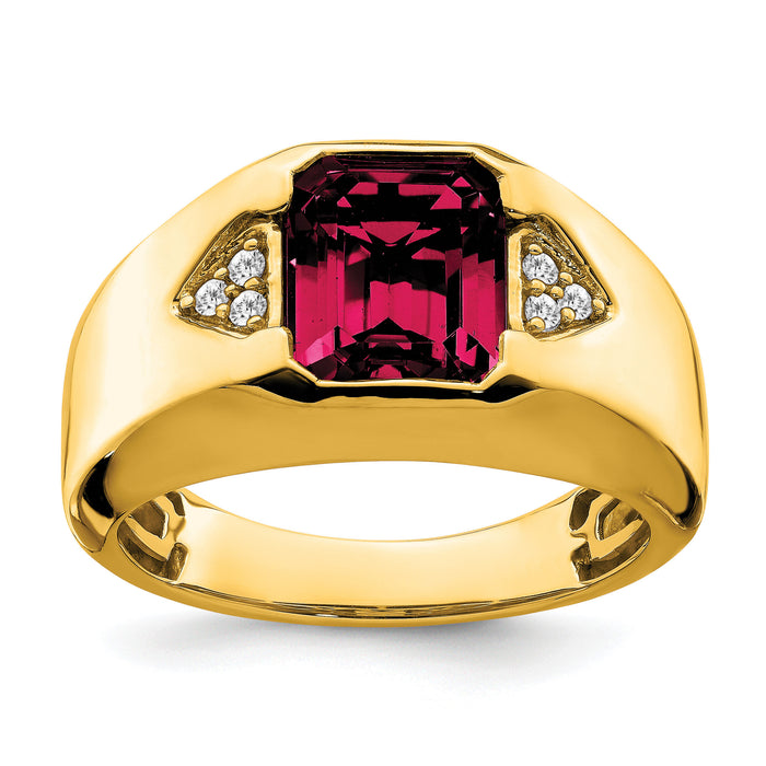 14k Emerald-cut Created Ruby and Diamond Mens Ring-RM7470