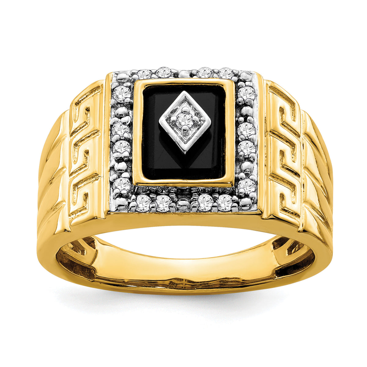 14k Onyx and Diamond Greek Key Design Mens Ring-RM7477