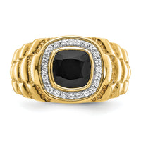 14k Onyx and Diamond Textured Mens Ring-RM7479