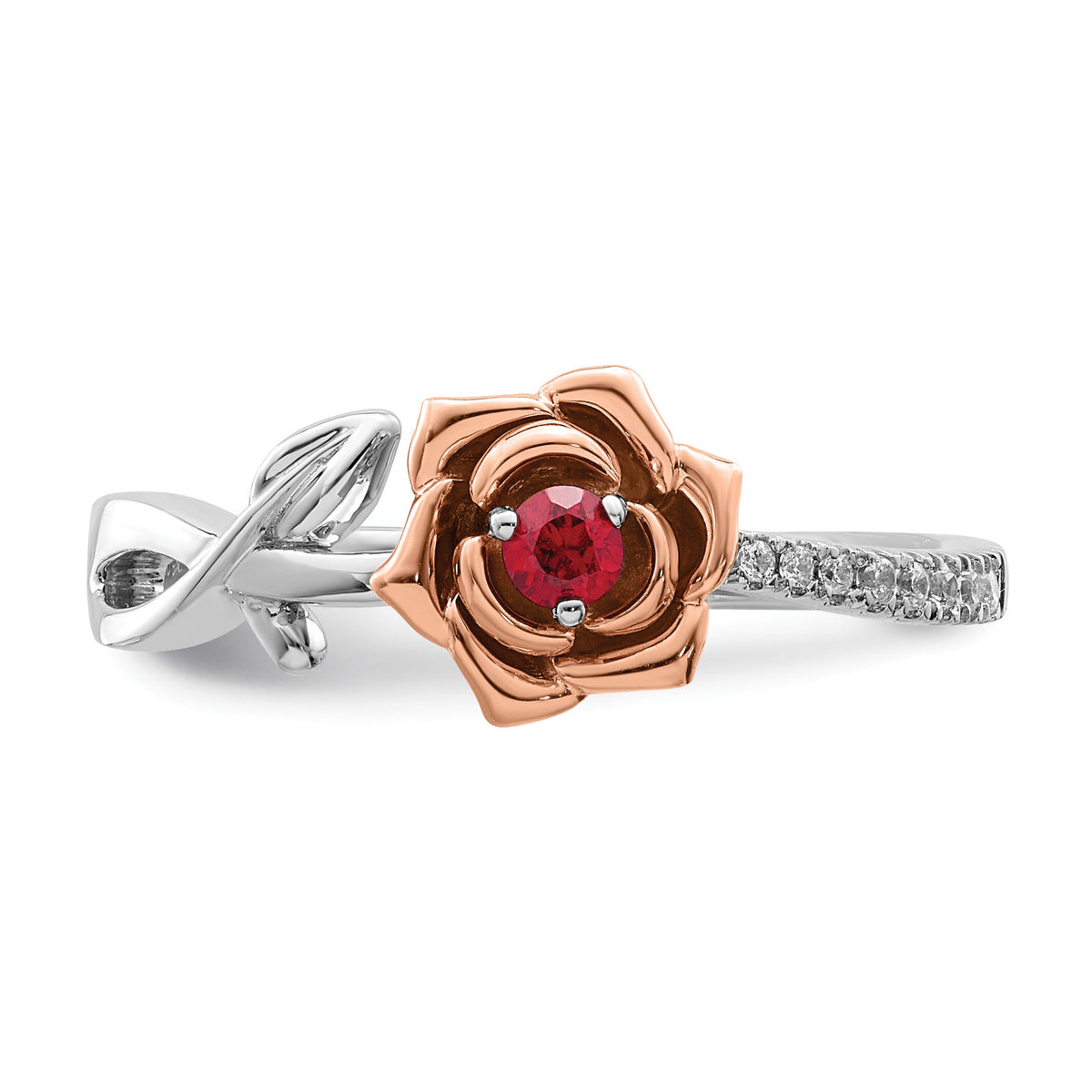 14K Two-tone White & Rose Ruby and Diamond Flower Ring-RM8274