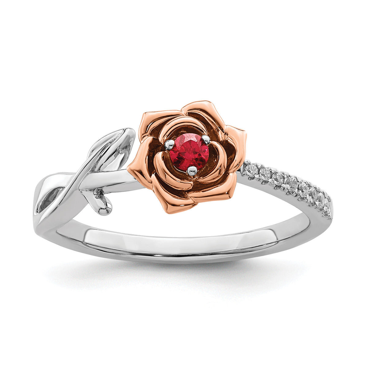 14K Two-tone White & Rose Ruby and Diamond Flower Ring-RM8274
