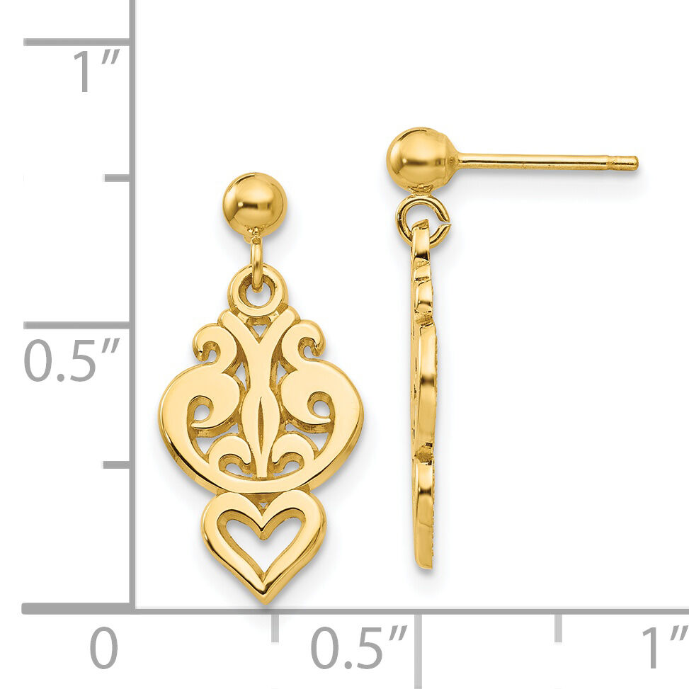 14k Polished Filigree Fancy Heart Post Dangle Earrings-S1103