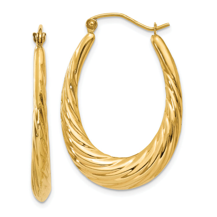 14k Polished Twisted Oval Hollow Hoop Earrings-S1256