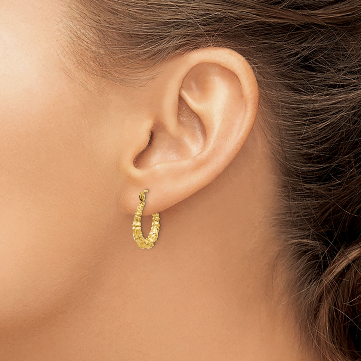 14k Polished Bamboo Design Hollow Hoop Earrings-S824