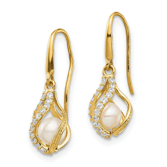 14k White Freshwater Cultured Pearl CZ Cage Dangle Earrings-SE2864