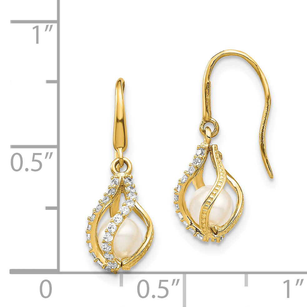 14k White Freshwater Cultured Pearl CZ Cage Dangle Earrings-SE2864