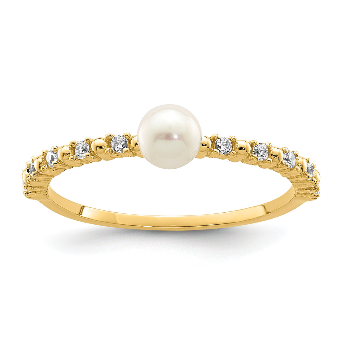 14K Madi K 3-4mm White Button Freshwater Cultured Pearl and CZ Ring-SE2878