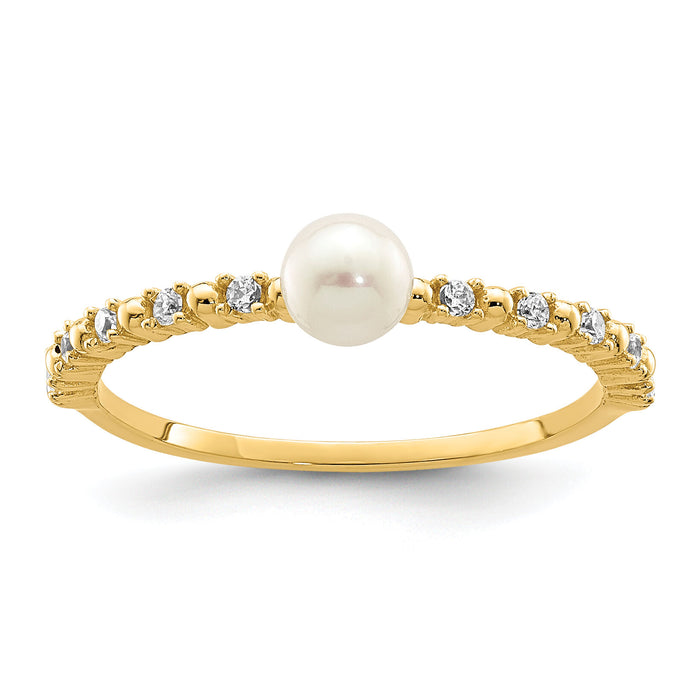 14K Madi K 3-4mm White Button Freshwater Cultured Pearl and CZ Ring-SE2878