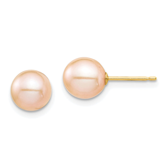 14K Madi K 7-8mm Pink Round Freshwater Cultured Pearl Stud Post Earrings-SE2929