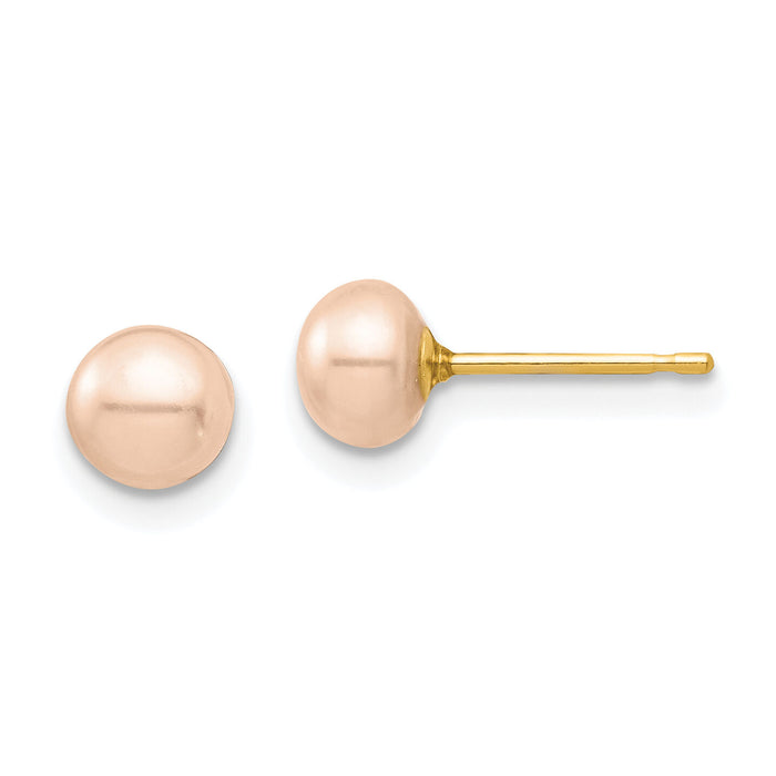 14k Madi K 5-6mm Pink Button Freshwater Cultured Pearl Stud Post Earrings-SE2937