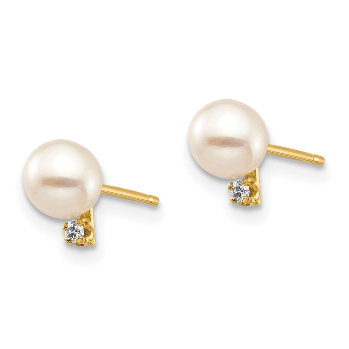 14K Madi K 4-5mm White Round FW Cultured Pearl .02ct Diamond Post Earrings-SE2942