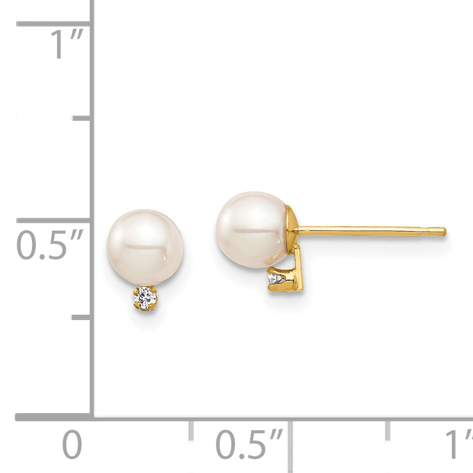 14K Madi K 4-5mm White Round FW Cultured Pearl .02ct Diamond Post Earrings-SE2942