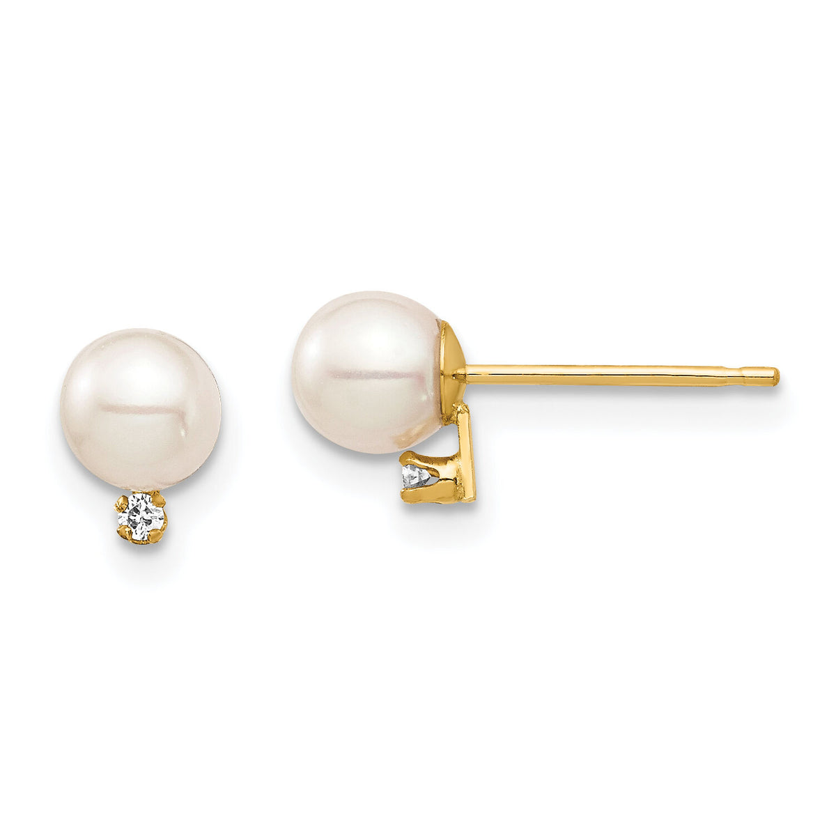 14K Madi K 4-5mm White Round FW Cultured Pearl .02ct Diamond Post Earrings-SE2942