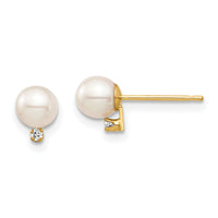 14K Madi K 4-5mm White Round FW Cultured Pearl .02ct Diamond Post Earrings-SE2942