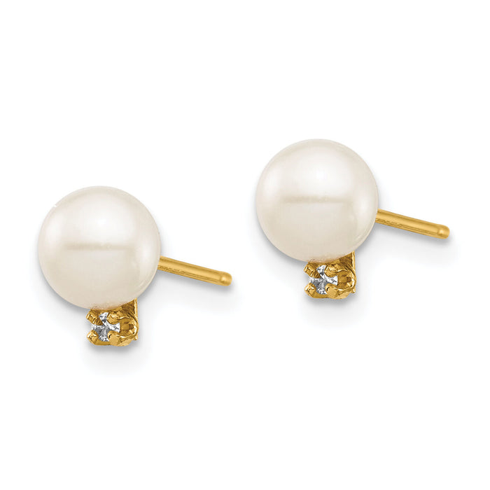14K Madi K 5-6mm White Round FW Cultured Pearl .02ct Diamond Post Earrings-SE2943