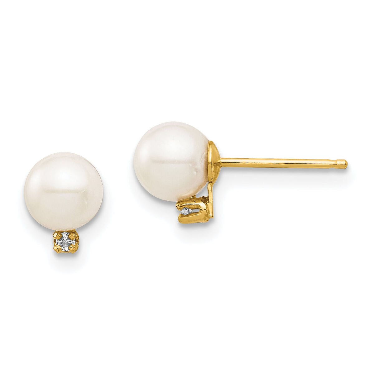 14K Madi K 5-6mm White Round FW Cultured Pearl .02ct Diamond Post Earrings-SE2943