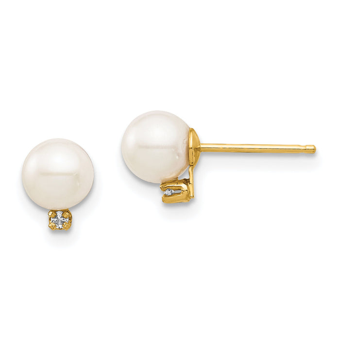 14K Madi K 5-6mm White Round FW Cultured Pearl .02ct Diamond Post Earrings-SE2943