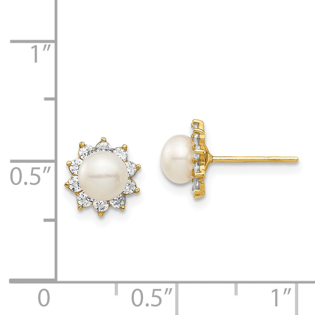 14k Madi K 5-6mm White Button Freshwater Cultured Pearl CZ Post Earrings-SE2955