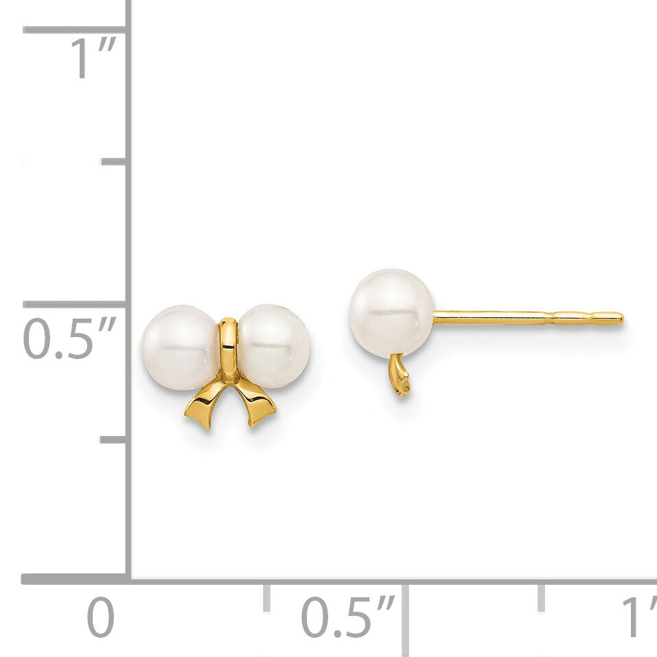 14k Madi K 3-4mm White Round FW Cultured Pearl Bow Post Earrings-SE2973