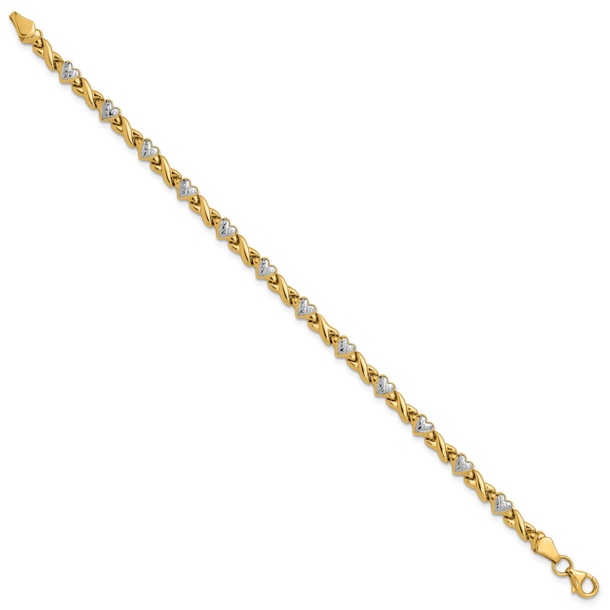 14k w/Rhodium Polished Heart and X Bracelet-SF1487-7