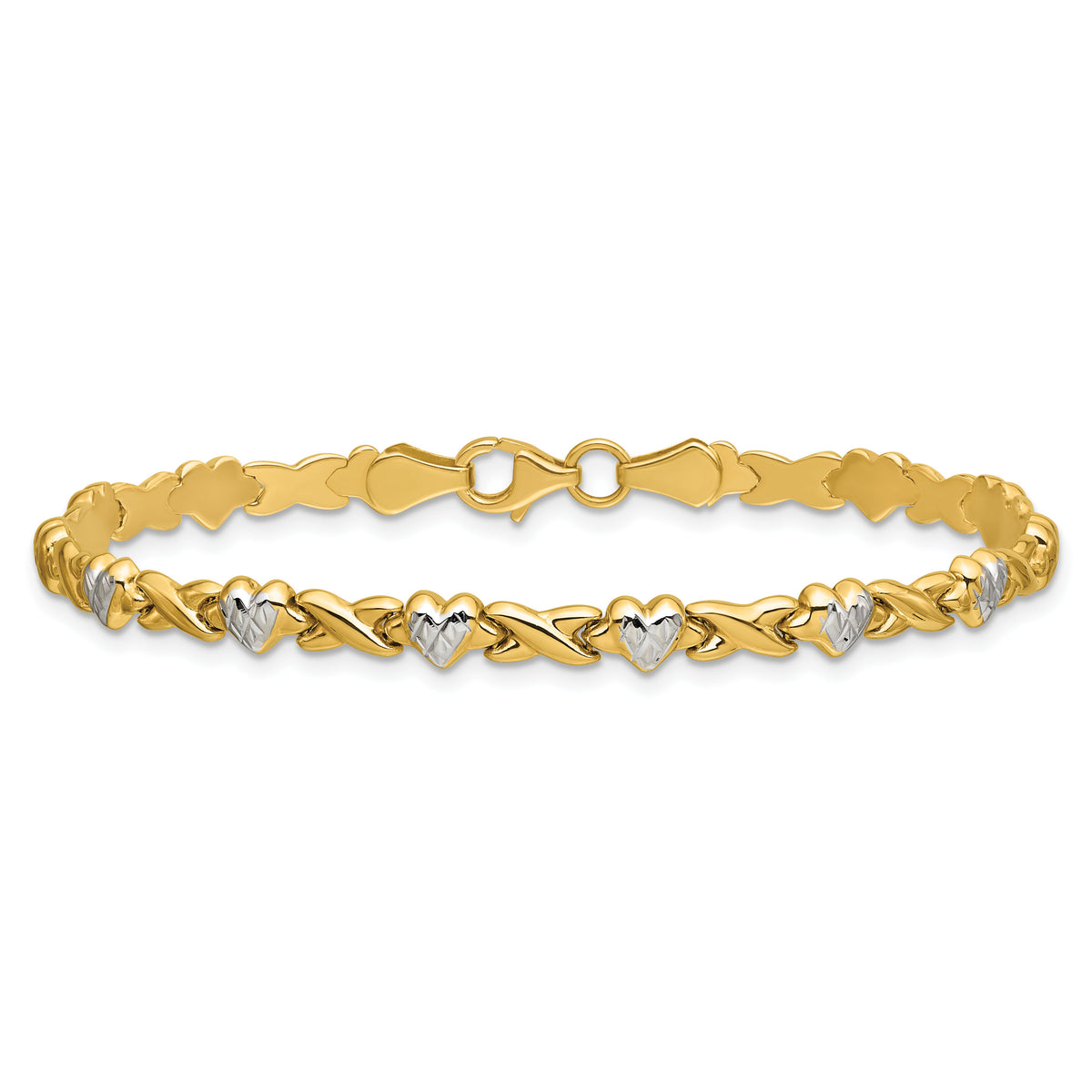 14k w/Rhodium Polished Heart and X Bracelet-SF1487-7