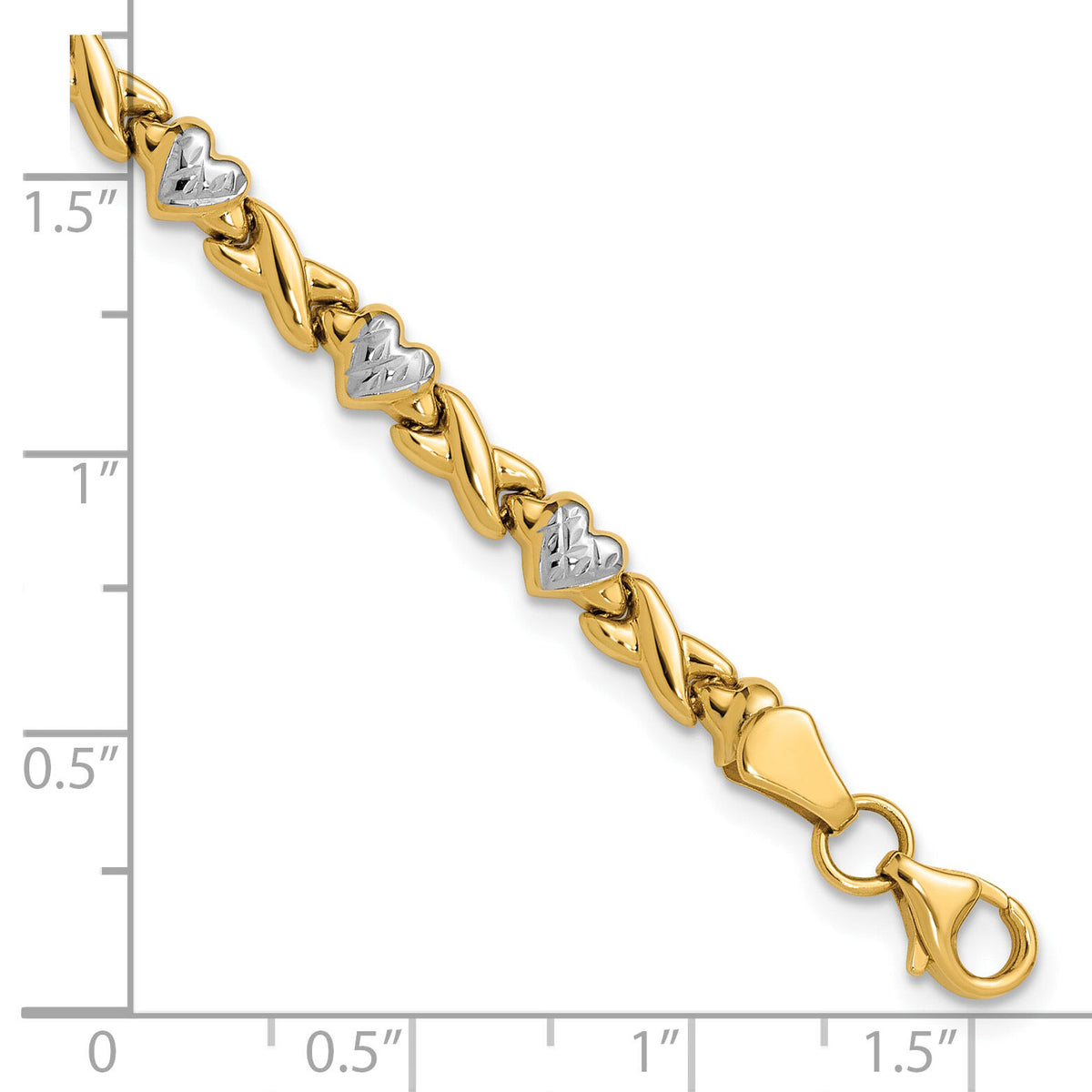14k w/Rhodium Polished Heart and X Bracelet-SF1487-7