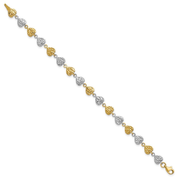 14K Two-tone Hammered Hearts Bracelet-SF1582-7