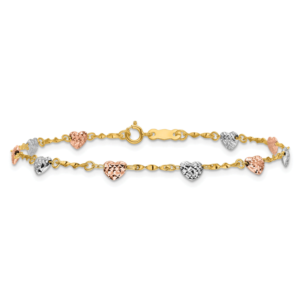 14k Tri-color Diamond-cut Puff Heart Bracelet-SF1832-8