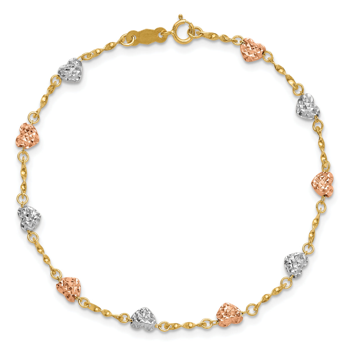 14k Tri-color Diamond-cut Puff Heart Bracelet-SF1832-7
